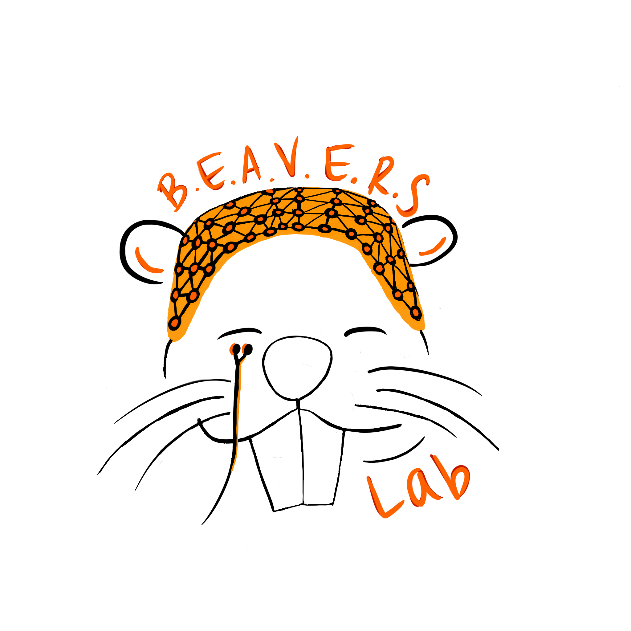 A drawing of a smiling beaver with an orange EEG cap on and two electrodes placed under its right eye.